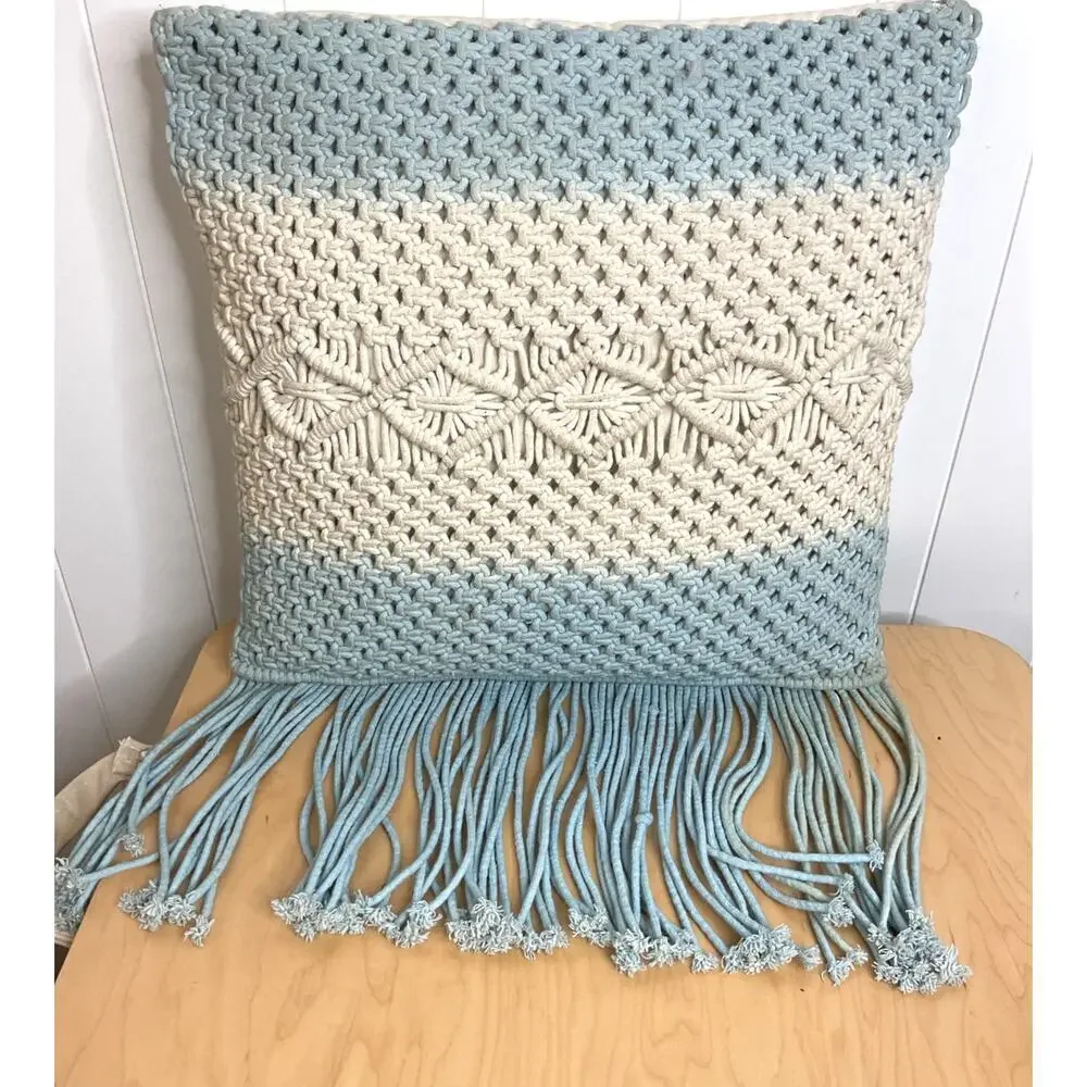 Macramé Pillow in Blue and White 18 x 18‎ Removable Cover Boho Chic